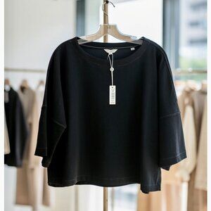 Max Studio Black 3/4 Length Sleeve Cropped Boatneck Top NWT